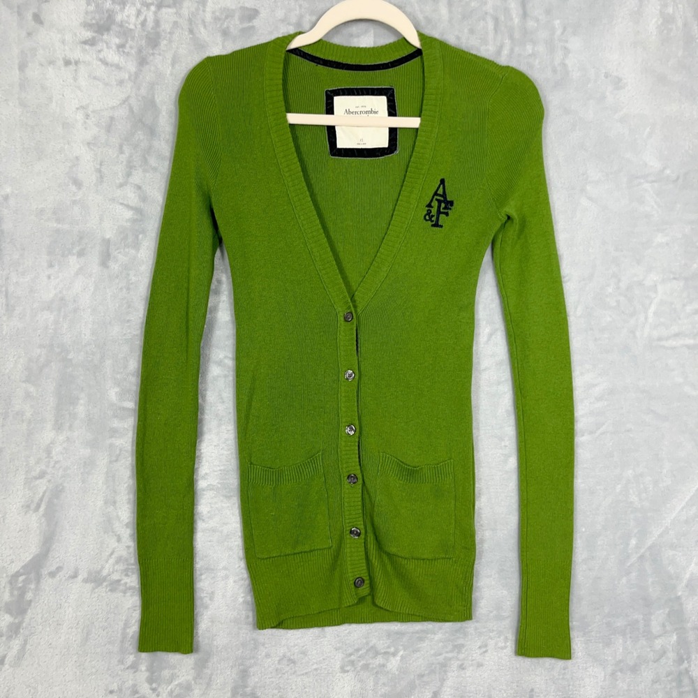Abercrombie & Fitch Womens Cardigan XS Green V-Neck Logo Button Front Preppy Y2K